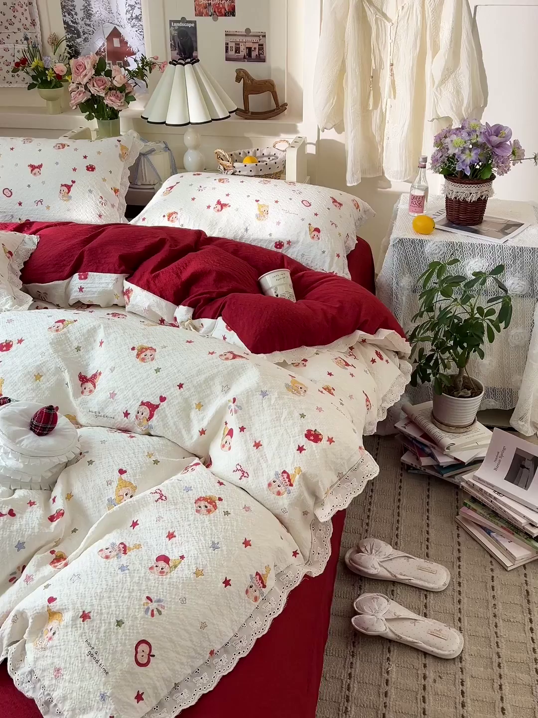 91家纺网 家纺一手货源 找家纺 瑞禾家纺 2026新款泡芙纱花边四件套 捕梦星人 - 红