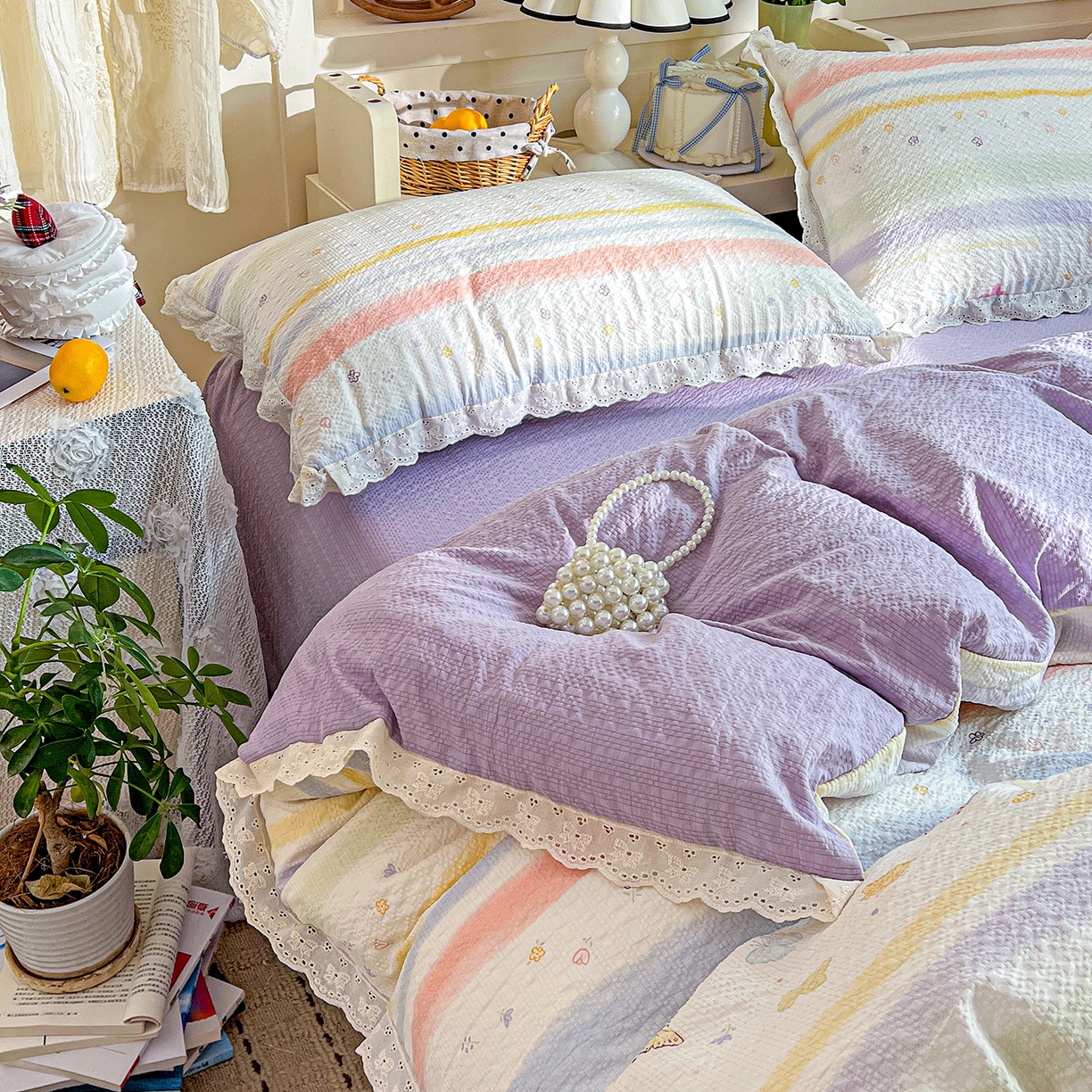 91家纺网 家纺一手货源 找家纺 瑞禾家纺 2026新款泡芙纱花边四件套 蝶屿