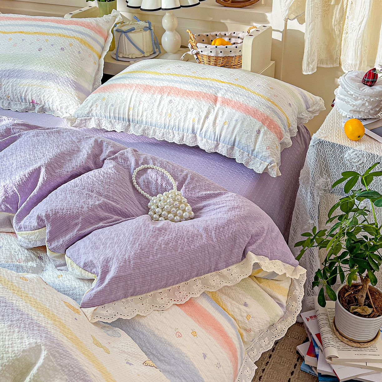 91家纺网 家纺一手货源 找家纺 瑞禾家纺 2026新款泡芙纱花边四件套 蝶屿