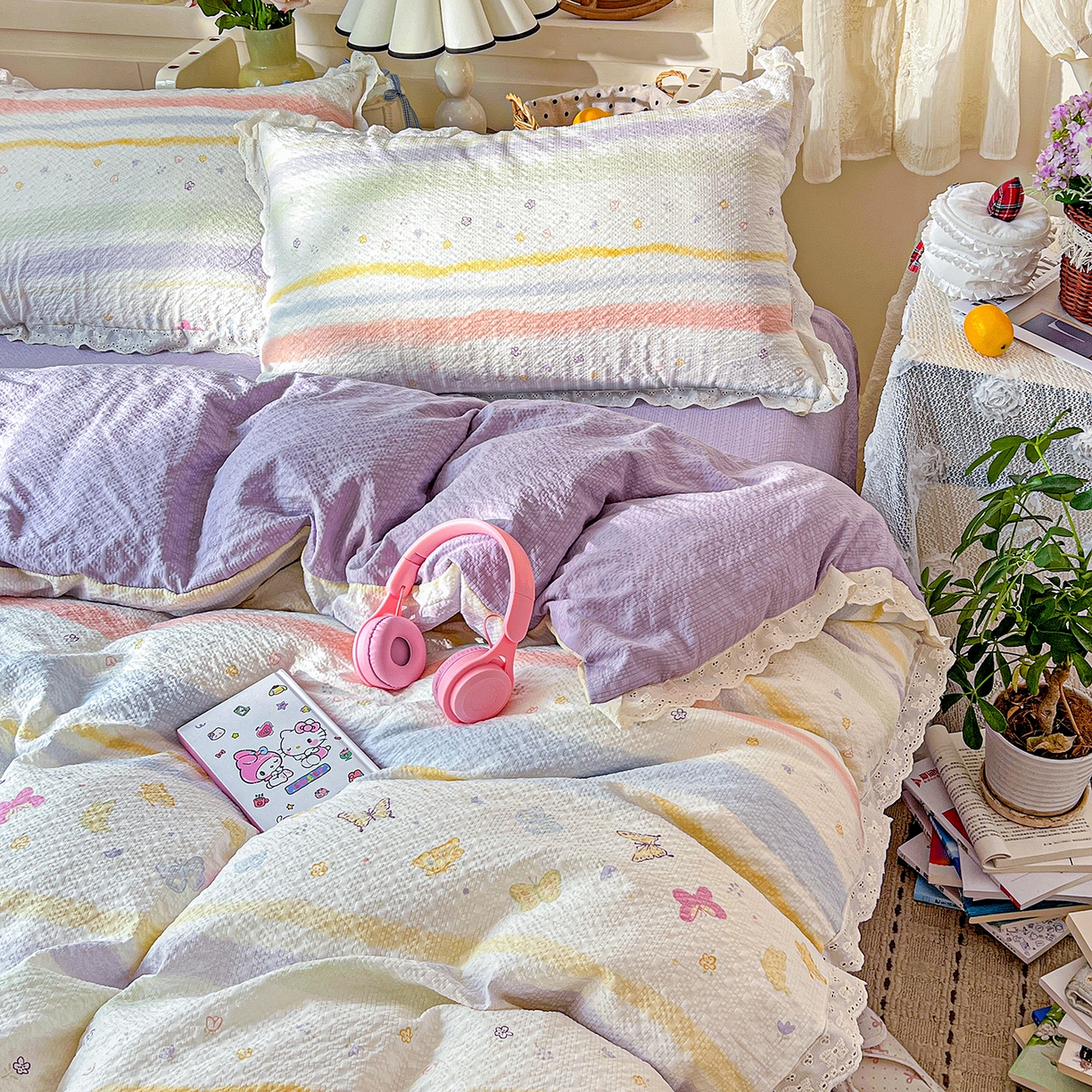 91家纺网 家纺一手货源 找家纺 瑞禾家纺 2026新款泡芙纱花边四件套 蝶屿