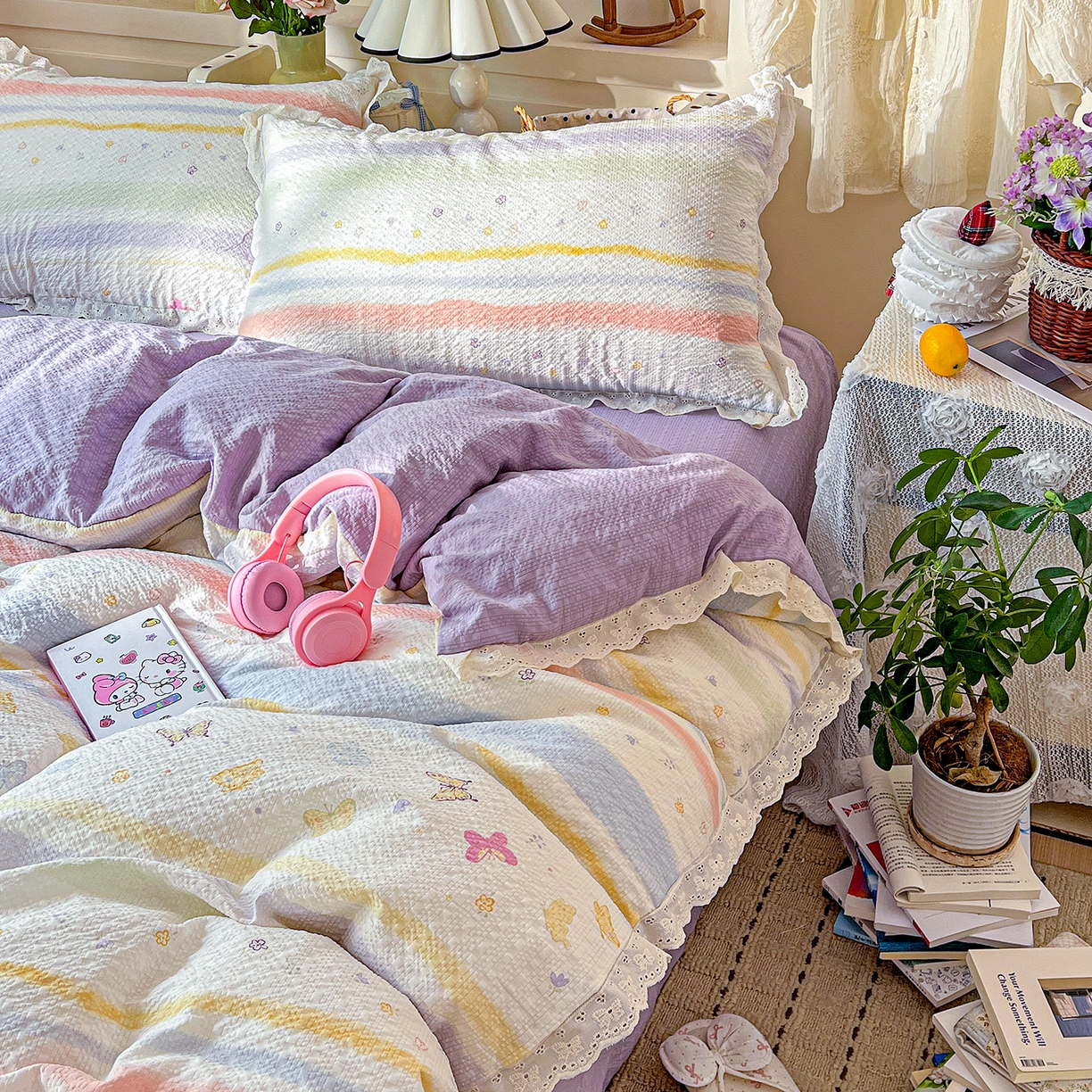 91家纺网 家纺一手货源 找家纺 瑞禾家纺 2026新款泡芙纱花边四件套 蝶屿