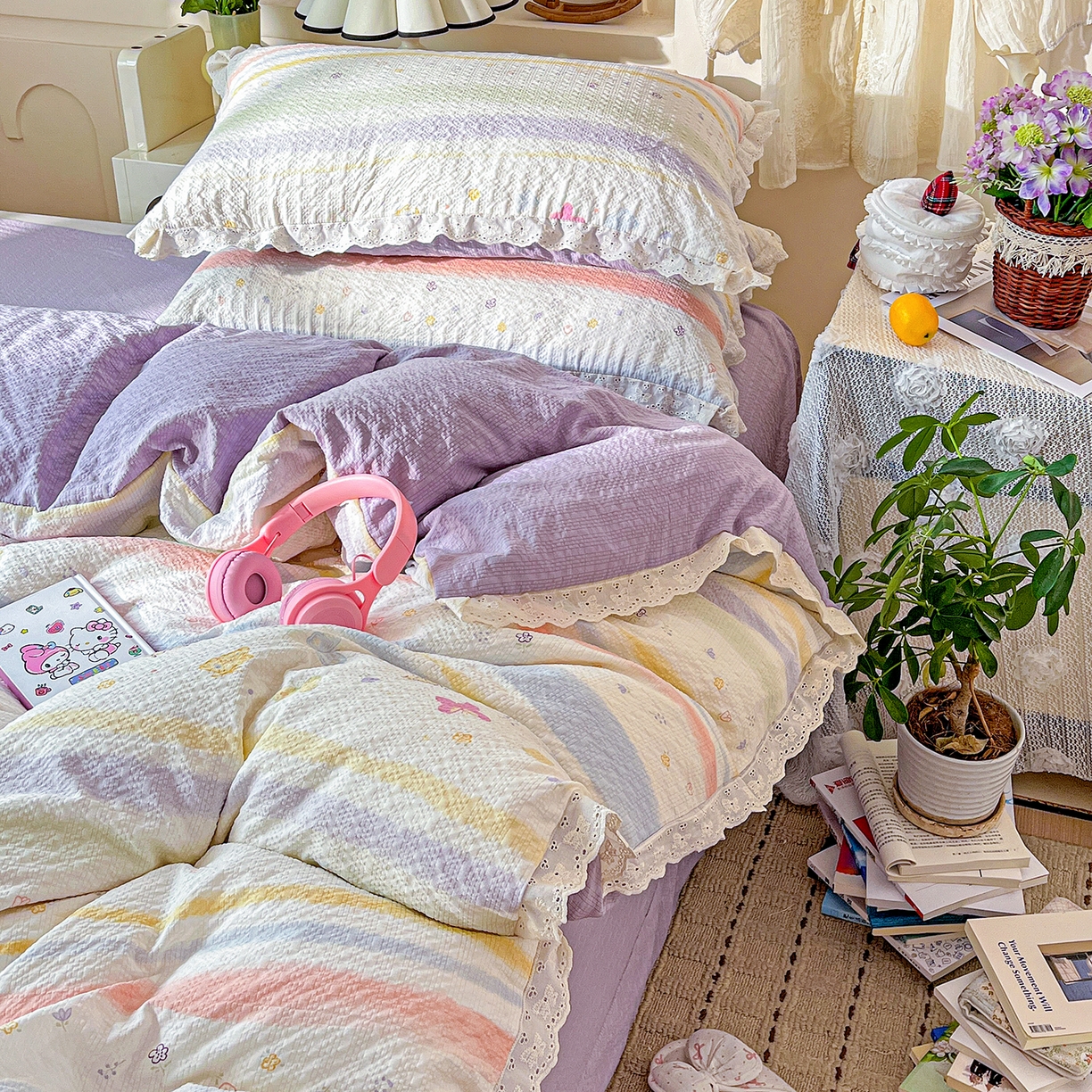 91家纺网 家纺一手货源 找家纺 瑞禾家纺 2026新款泡芙纱花边四件套 蝶屿