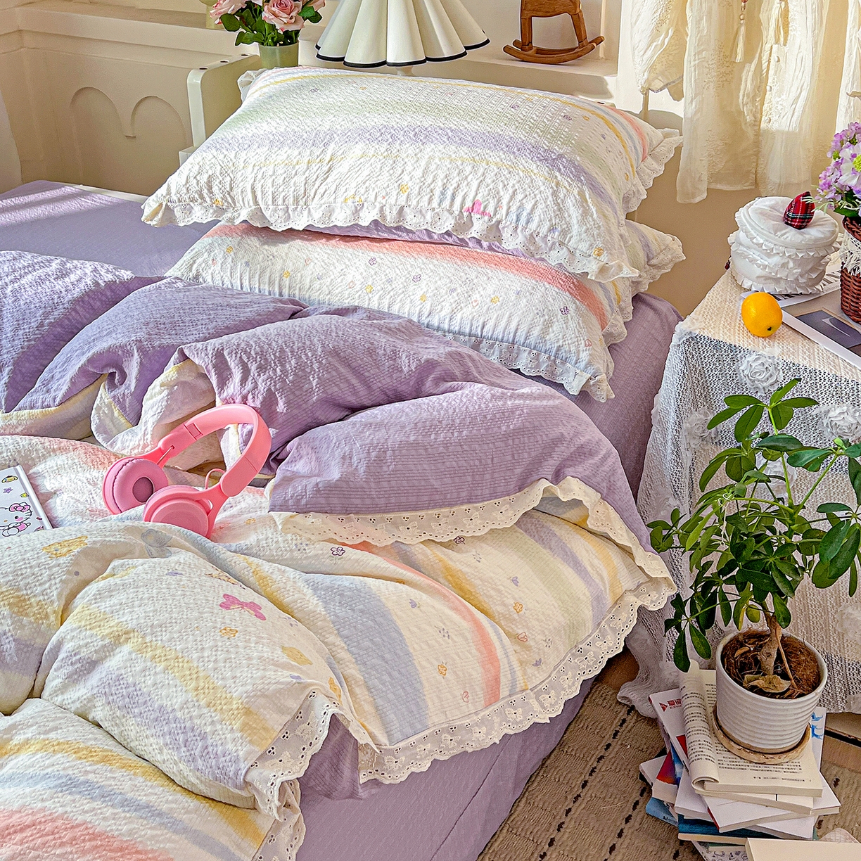 91家纺网 家纺一手货源 找家纺 瑞禾家纺 2026新款泡芙纱花边四件套 蝶屿