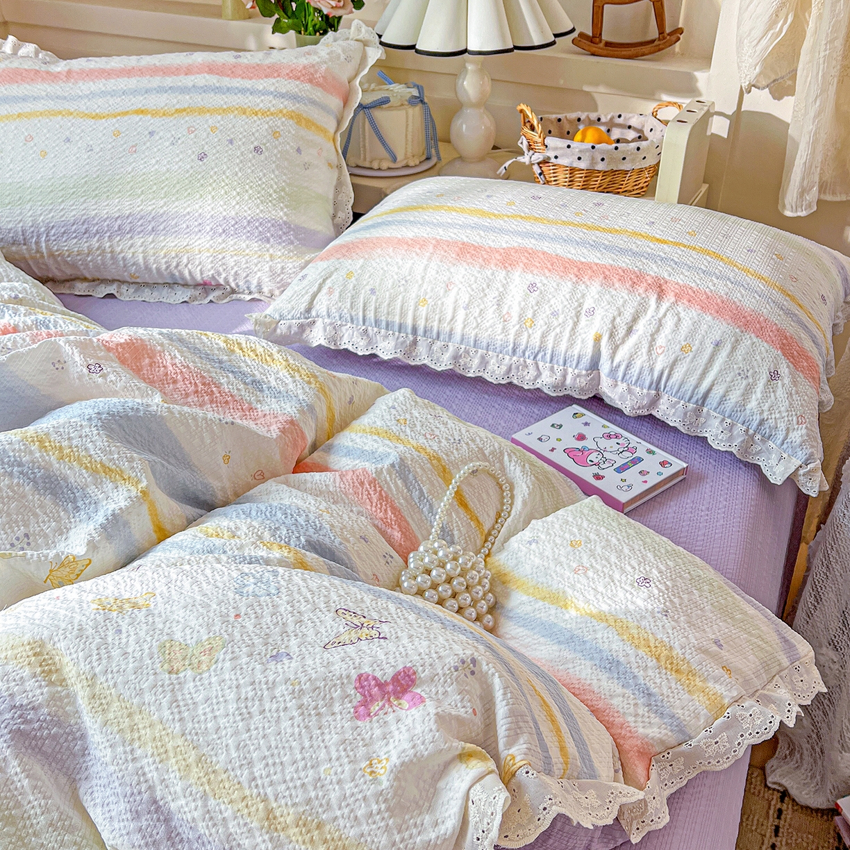 91家纺网 家纺一手货源 找家纺 瑞禾家纺 2026新款泡芙纱花边四件套 蝶屿