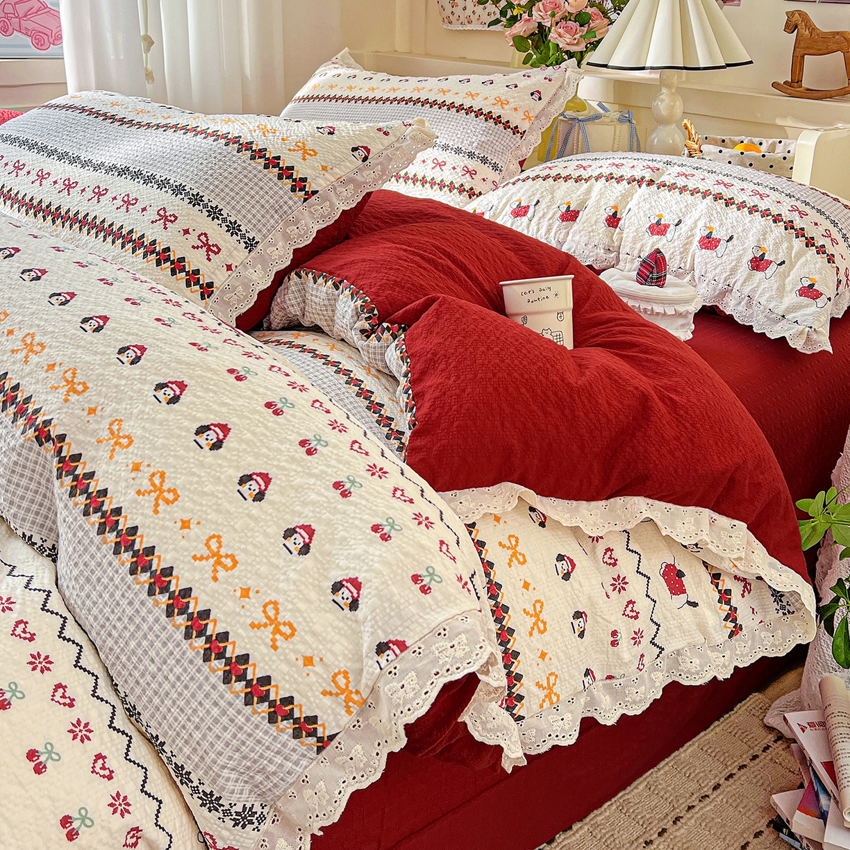 瑞禾家纺 2026新款泡芙纱花边四件套 费尔岛狗狗