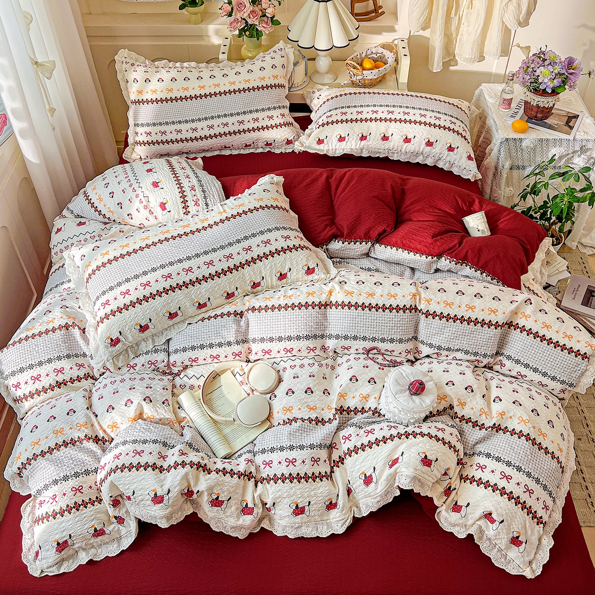 91家纺网 家纺一手货源 找家纺 瑞禾家纺 2026新款泡芙纱花边四件套 费尔岛狗狗