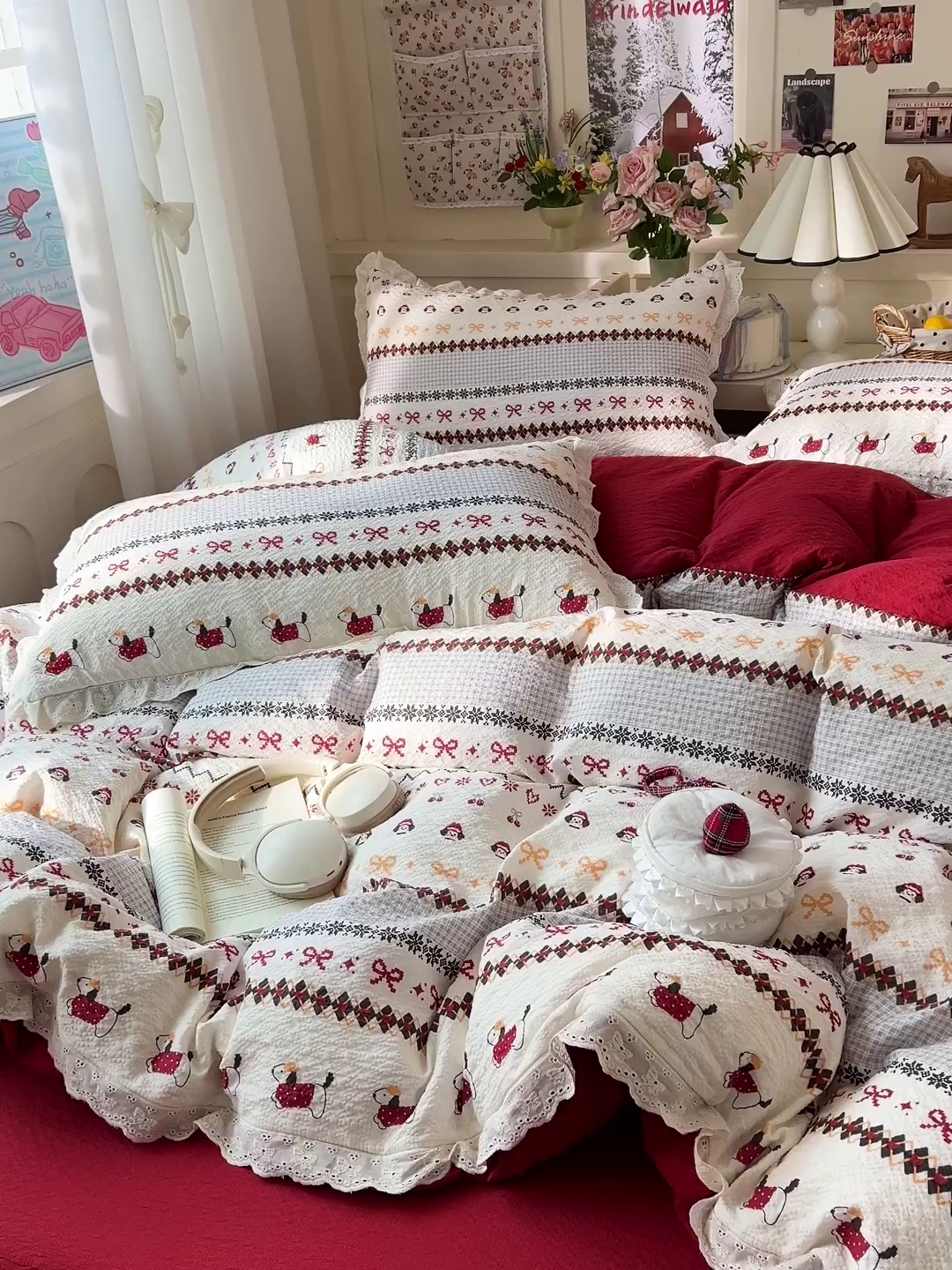 91家纺网 家纺一手货源 找家纺 瑞禾家纺 2026新款泡芙纱花边四件套 费尔岛狗狗