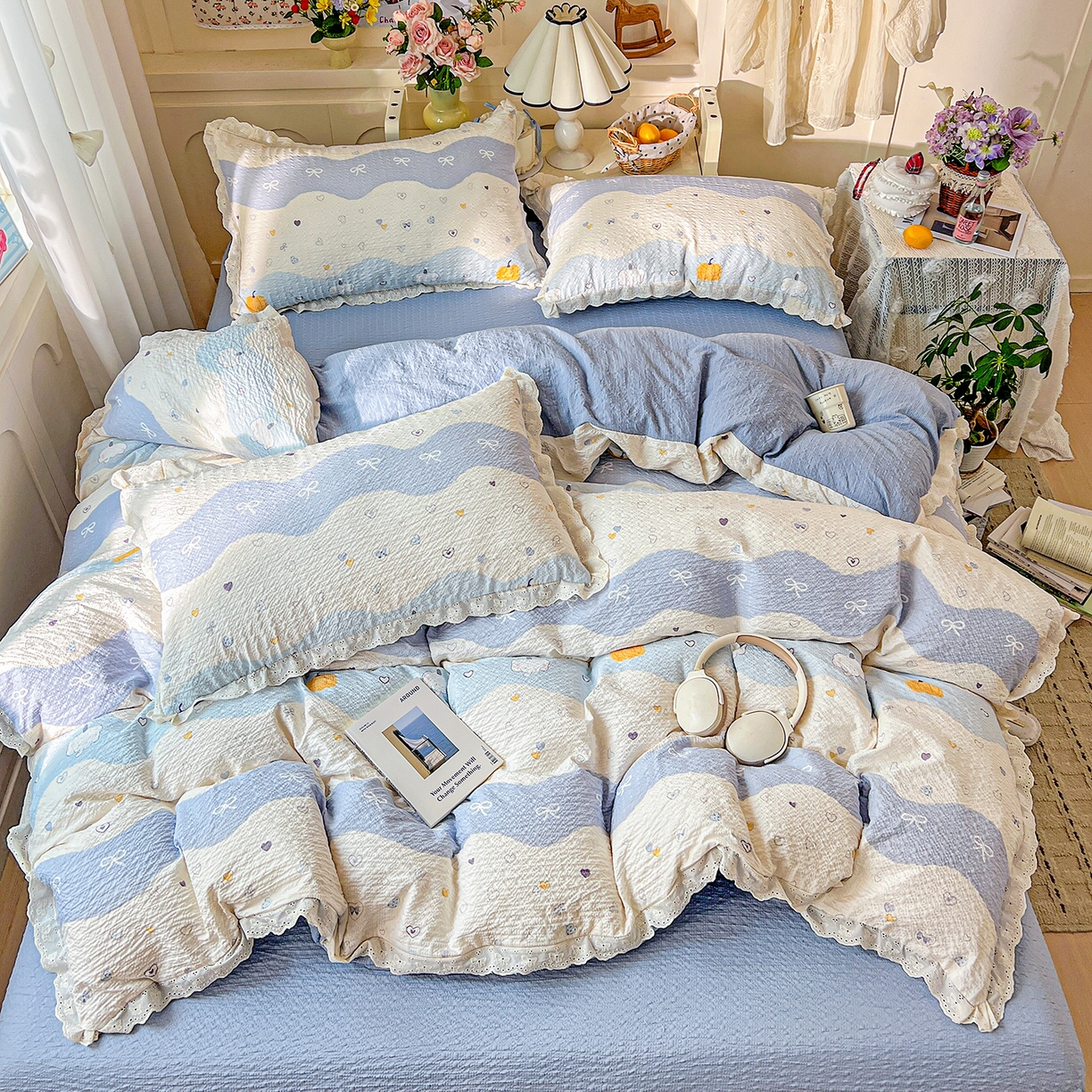 91家纺网 家纺一手货源 找家纺 瑞禾家纺 2026新款泡芙纱花边四件套 果子小象