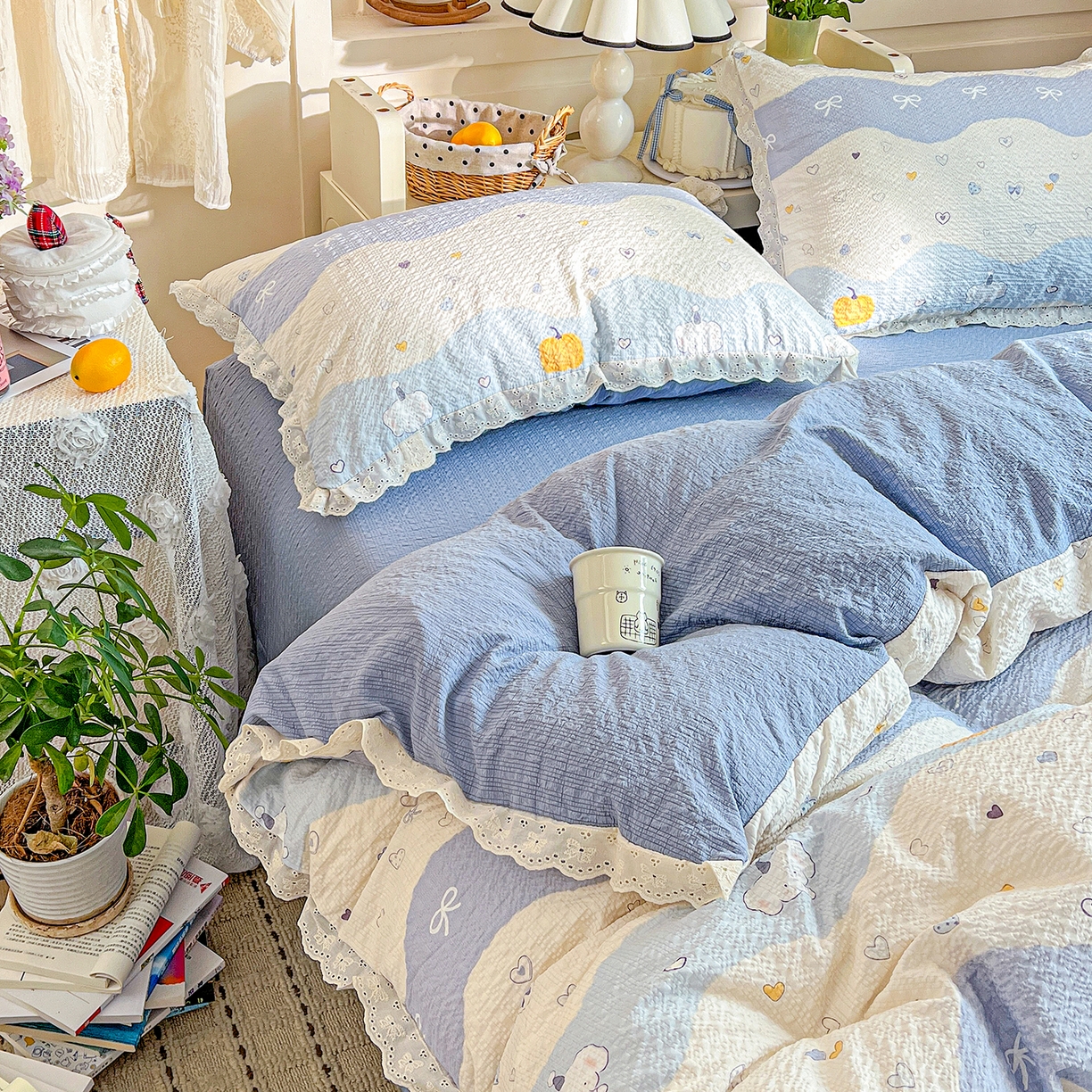 91家纺网 家纺一手货源 找家纺 瑞禾家纺 2026新款泡芙纱花边四件套 果子小象