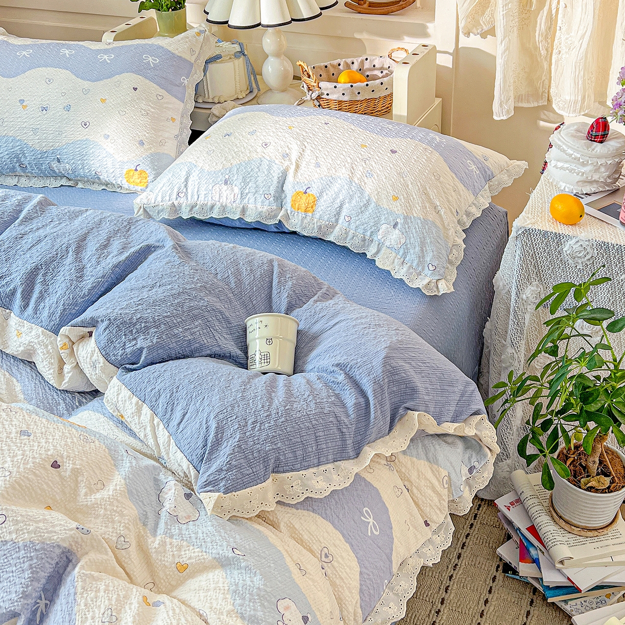 91家纺网 家纺一手货源 找家纺 瑞禾家纺 2026新款泡芙纱花边四件套 果子小象