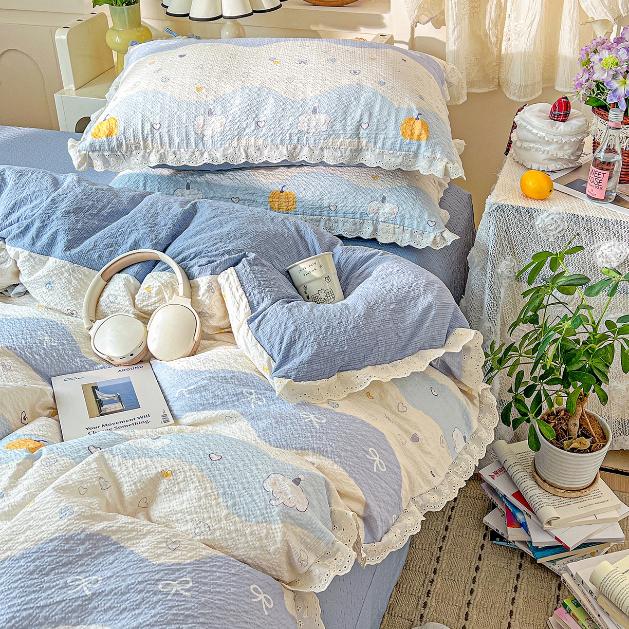 91家纺网 家纺一手货源 找家纺 瑞禾家纺 2026新款泡芙纱花边四件套 果子小象