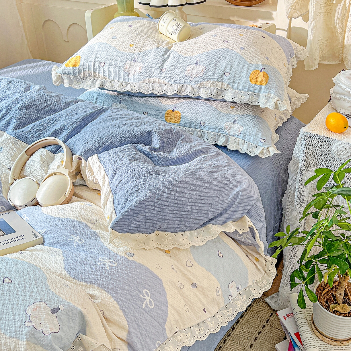 91家纺网 家纺一手货源 找家纺 瑞禾家纺 2026新款泡芙纱花边四件套 果子小象