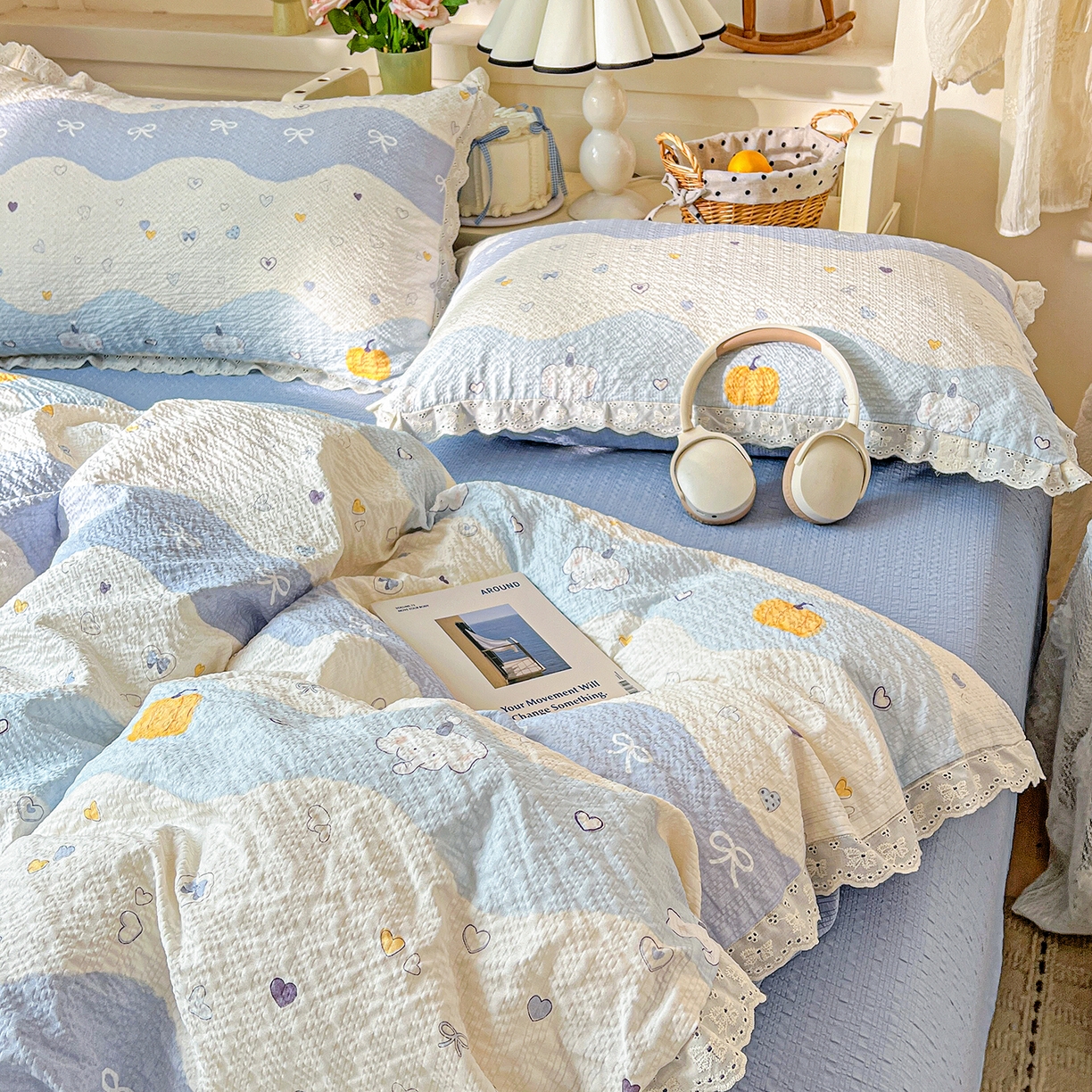 91家纺网 家纺一手货源 找家纺 瑞禾家纺 2026新款泡芙纱花边四件套 果子小象