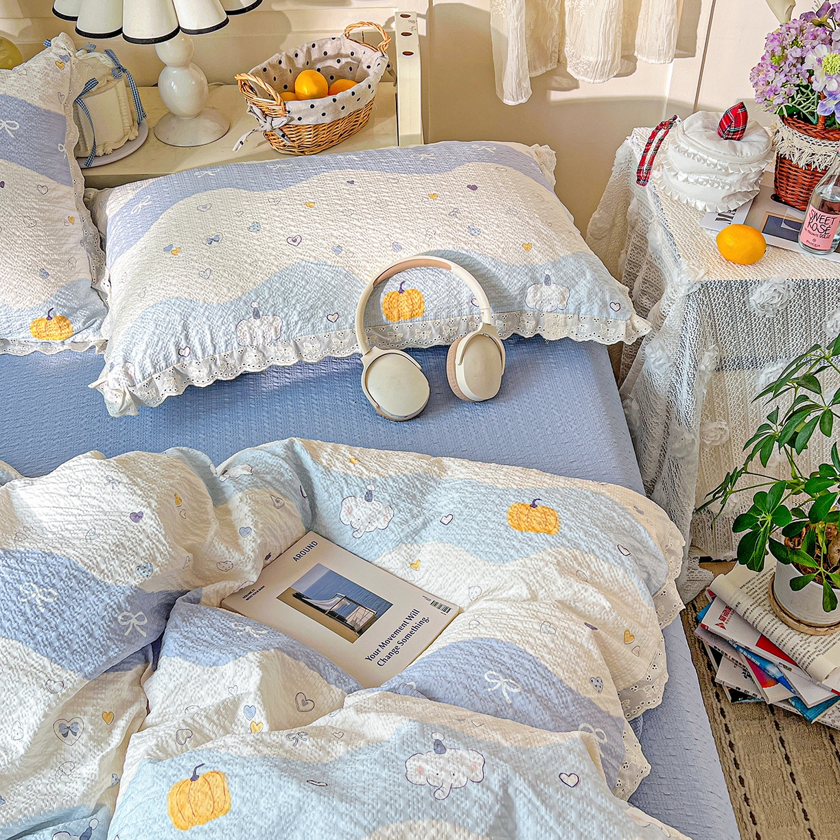 91家纺网 家纺一手货源 找家纺 瑞禾家纺 2026新款泡芙纱花边四件套 果子小象