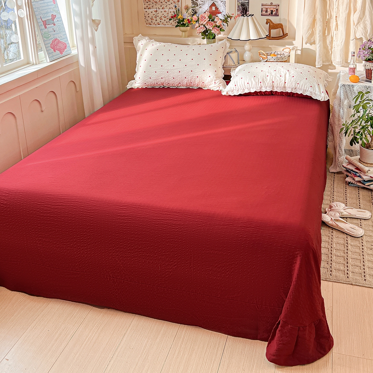 91家纺网 家纺一手货源 找家纺 瑞禾家纺 2026新款泡芙纱花边四件套 红啵啵