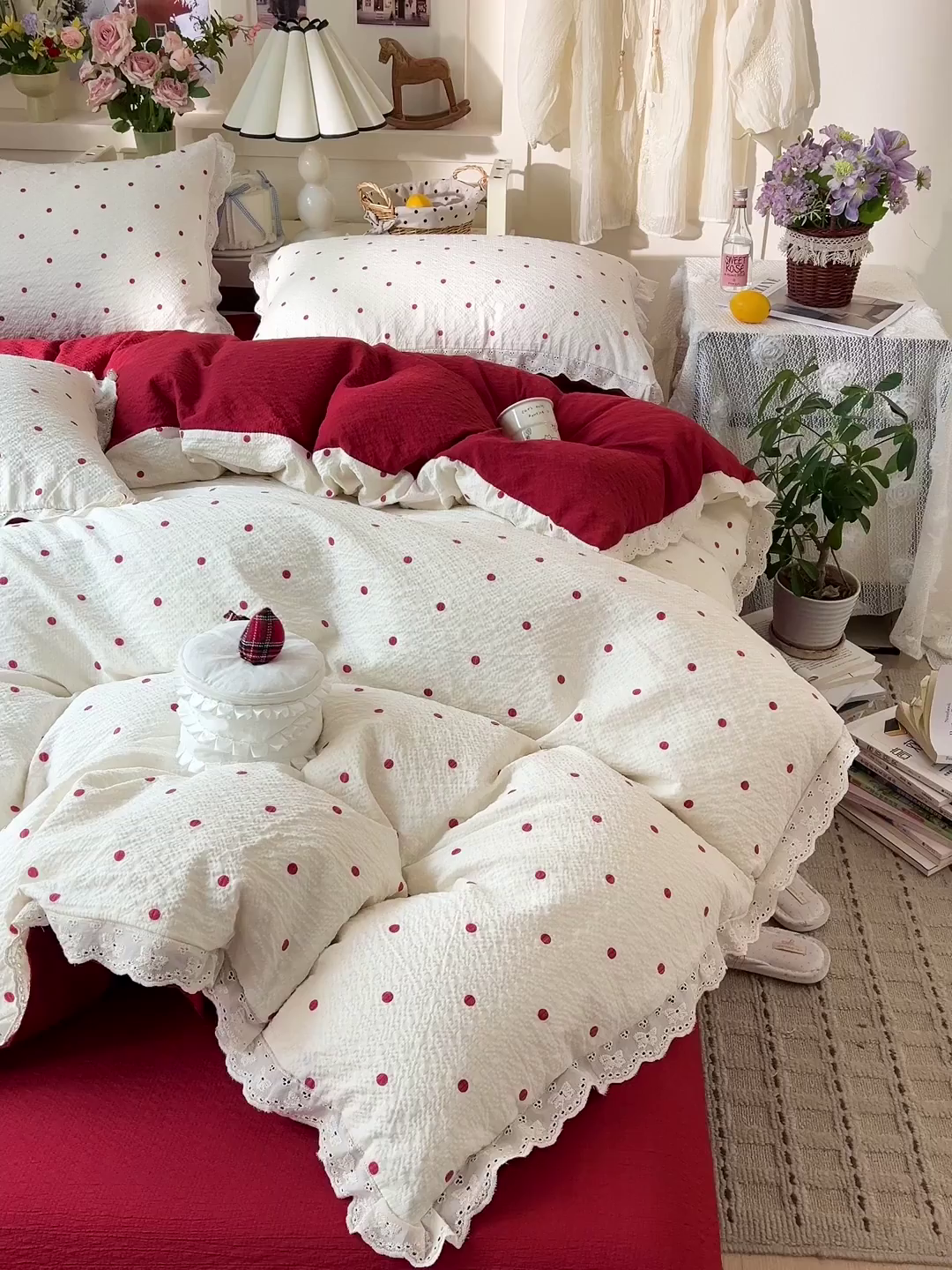 91家纺网 家纺一手货源 找家纺 瑞禾家纺 2026新款泡芙纱花边四件套 红啵啵