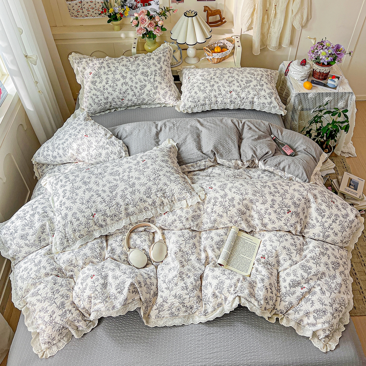 91家纺网 家纺一手货源 找家纺 瑞禾家纺 2026新款泡芙纱花边四件套 花影