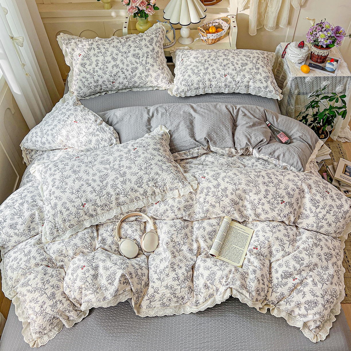 91家纺网 家纺一手货源 找家纺 瑞禾家纺 2026新款泡芙纱花边四件套 花影