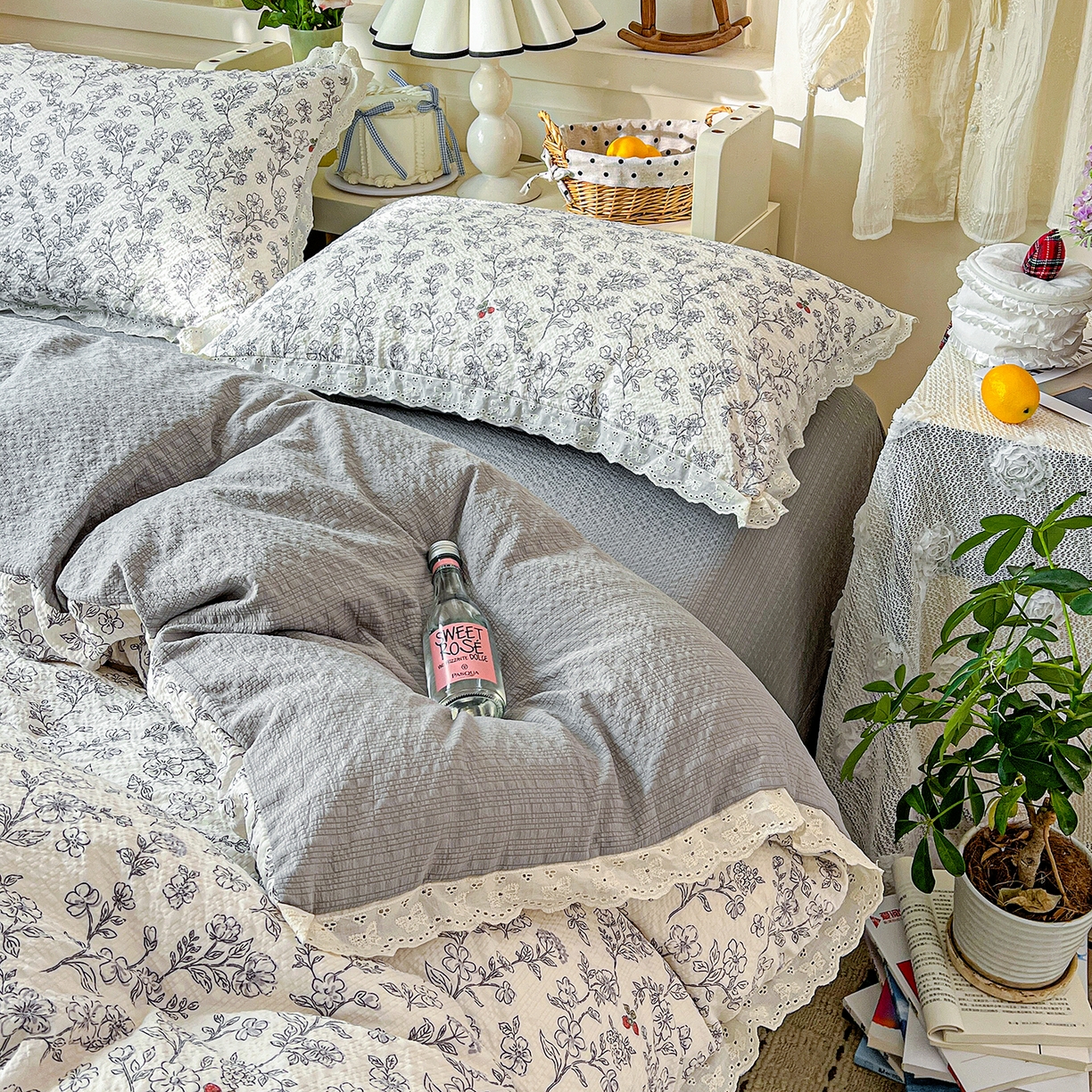 91家纺网 家纺一手货源 找家纺 瑞禾家纺 2026新款泡芙纱花边四件套 花影