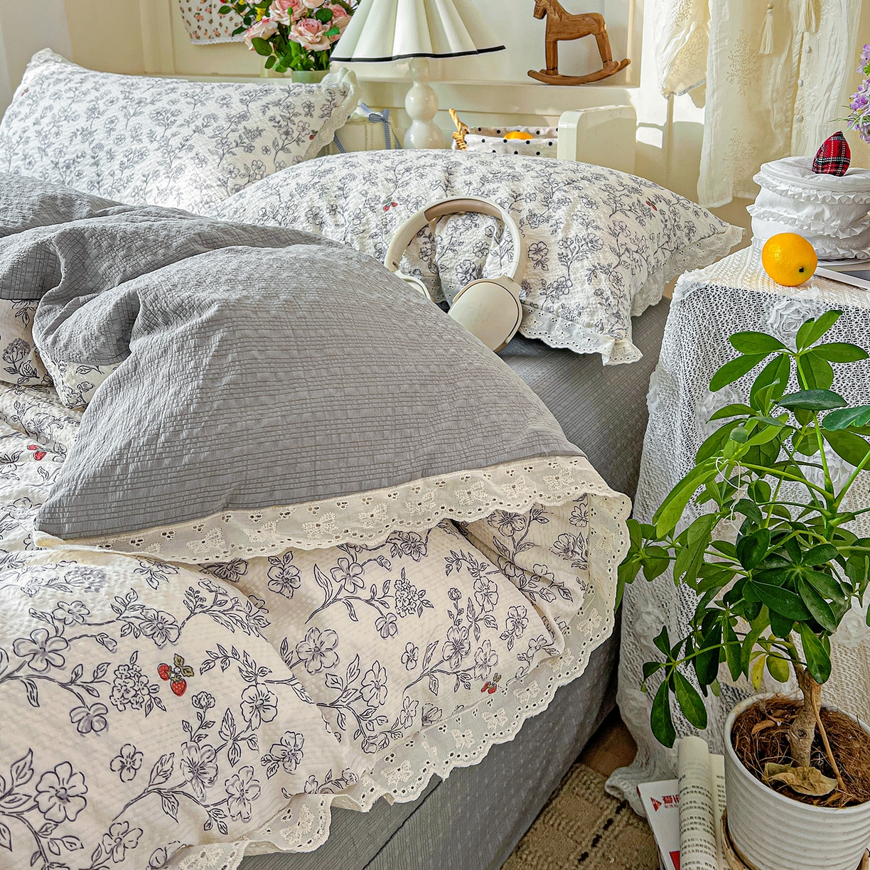 91家纺网 家纺一手货源 找家纺 瑞禾家纺 2026新款泡芙纱花边四件套 花影