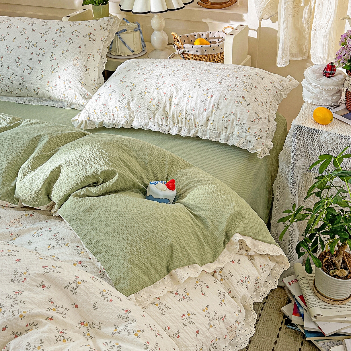 91家纺网 家纺一手货源 找家纺 瑞禾家纺 2026新款泡芙纱花边四件套 花与兔