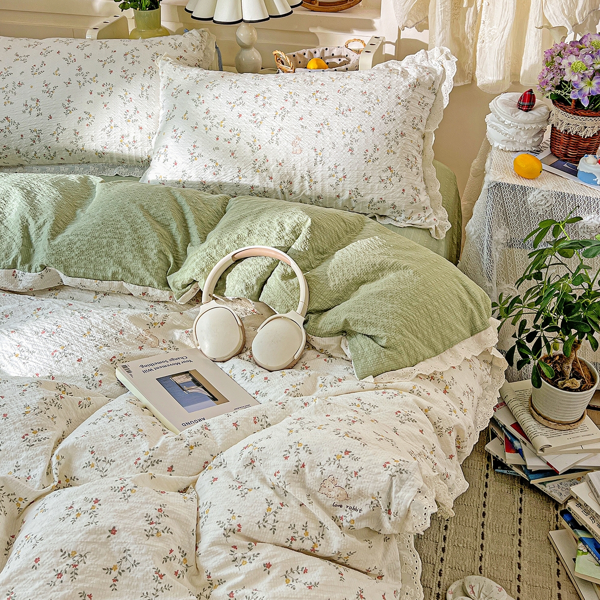 91家纺网 家纺一手货源 找家纺 瑞禾家纺 2026新款泡芙纱花边四件套 花与兔