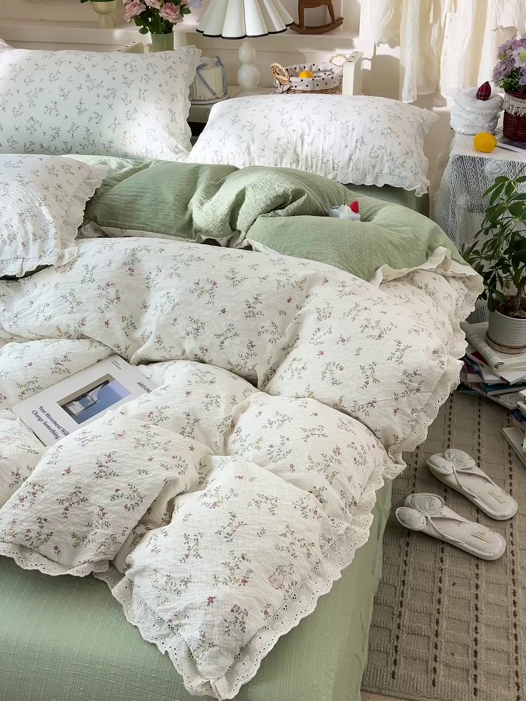 91家纺网 家纺一手货源 找家纺 瑞禾家纺 2026新款泡芙纱花边四件套 花与兔