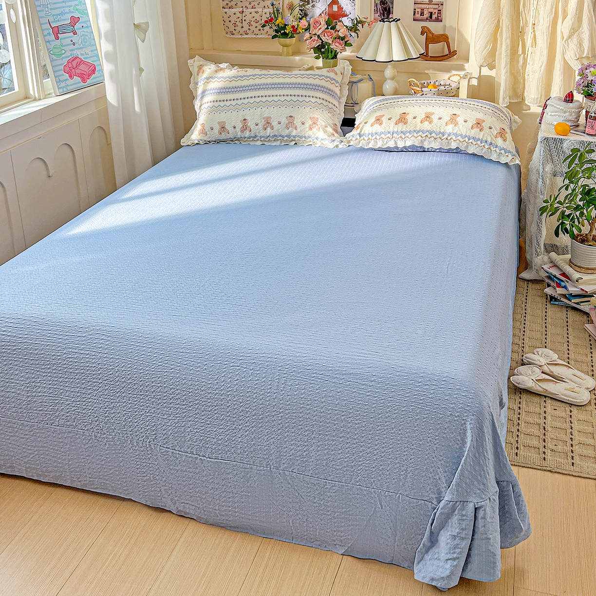 91家纺网 家纺一手货源 找家纺 瑞禾家纺 2026新款泡芙纱花边四件套 萌趣小熊