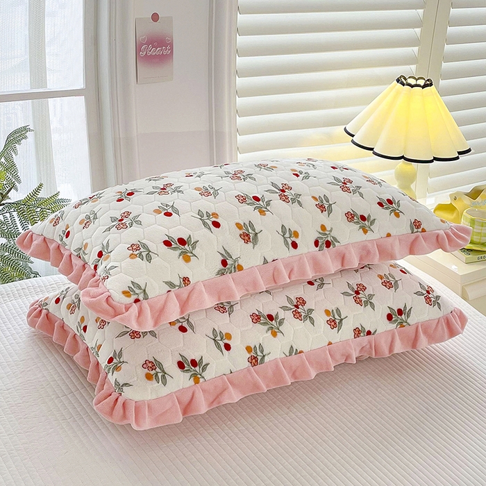 莉迪娅 2026新款法兰绒花边枕套牛奶绒枕套韩版枕套 樱桃粉