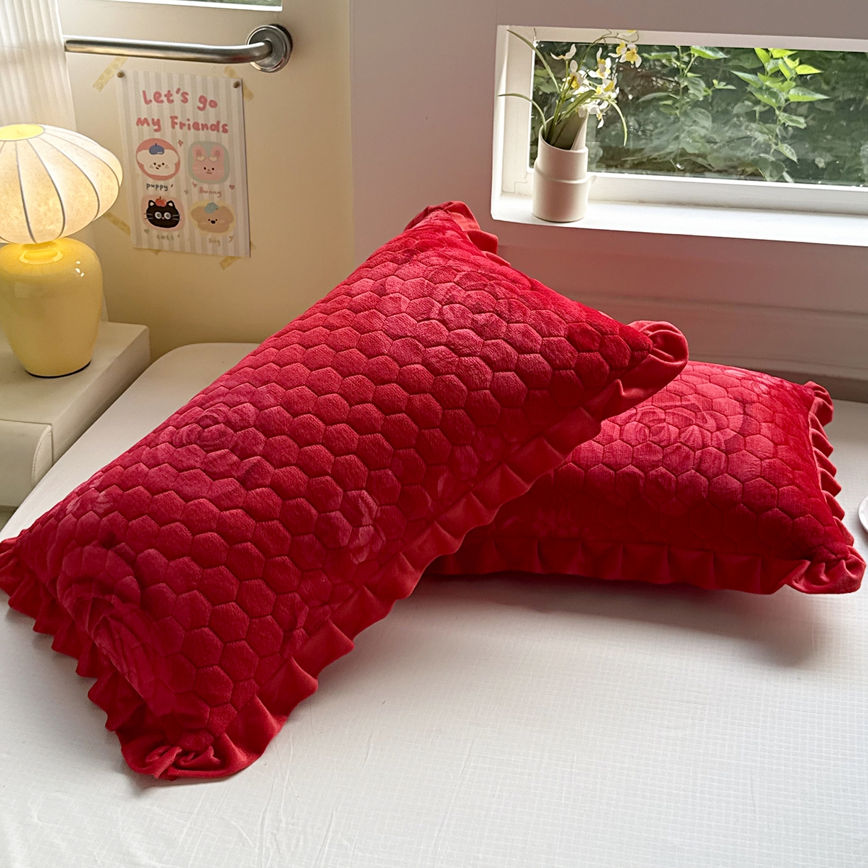 91家纺网 家纺一手货源 找家纺 莉迪娅 2026新款法兰绒花边枕套牛奶绒枕套韩版枕套 玫瑰红