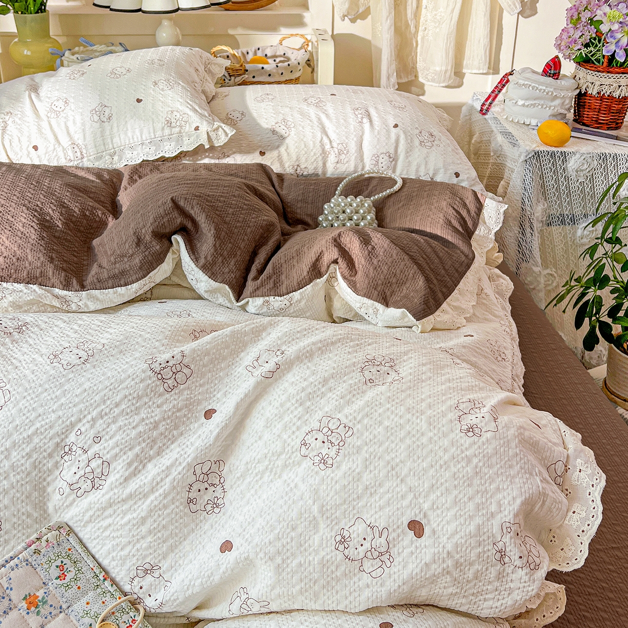 91家纺网 家纺一手货源 找家纺 瑞禾家纺 2026新款泡芙纱花边四件套 喵喵日记