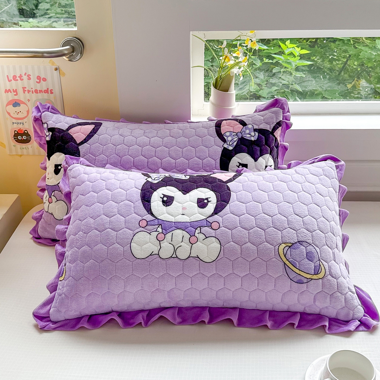 91家纺网 家纺一手货源 找家纺 莉迪娅 2026新款法兰绒花边枕套牛奶绒枕套韩版枕套 快乐宝贝紫