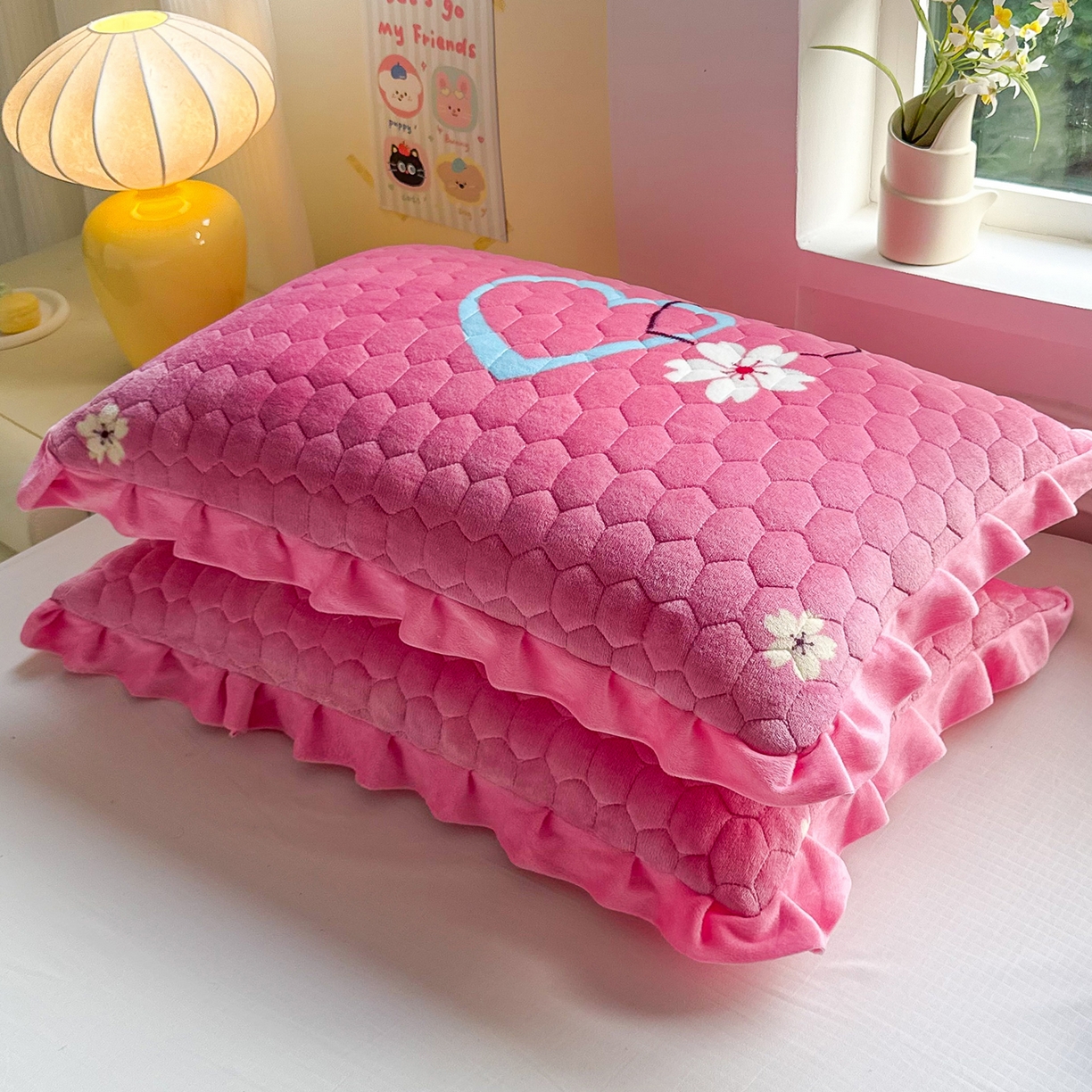 莉迪娅 2026新款法兰绒花边枕套牛奶绒枕套韩版枕套 爱心粉