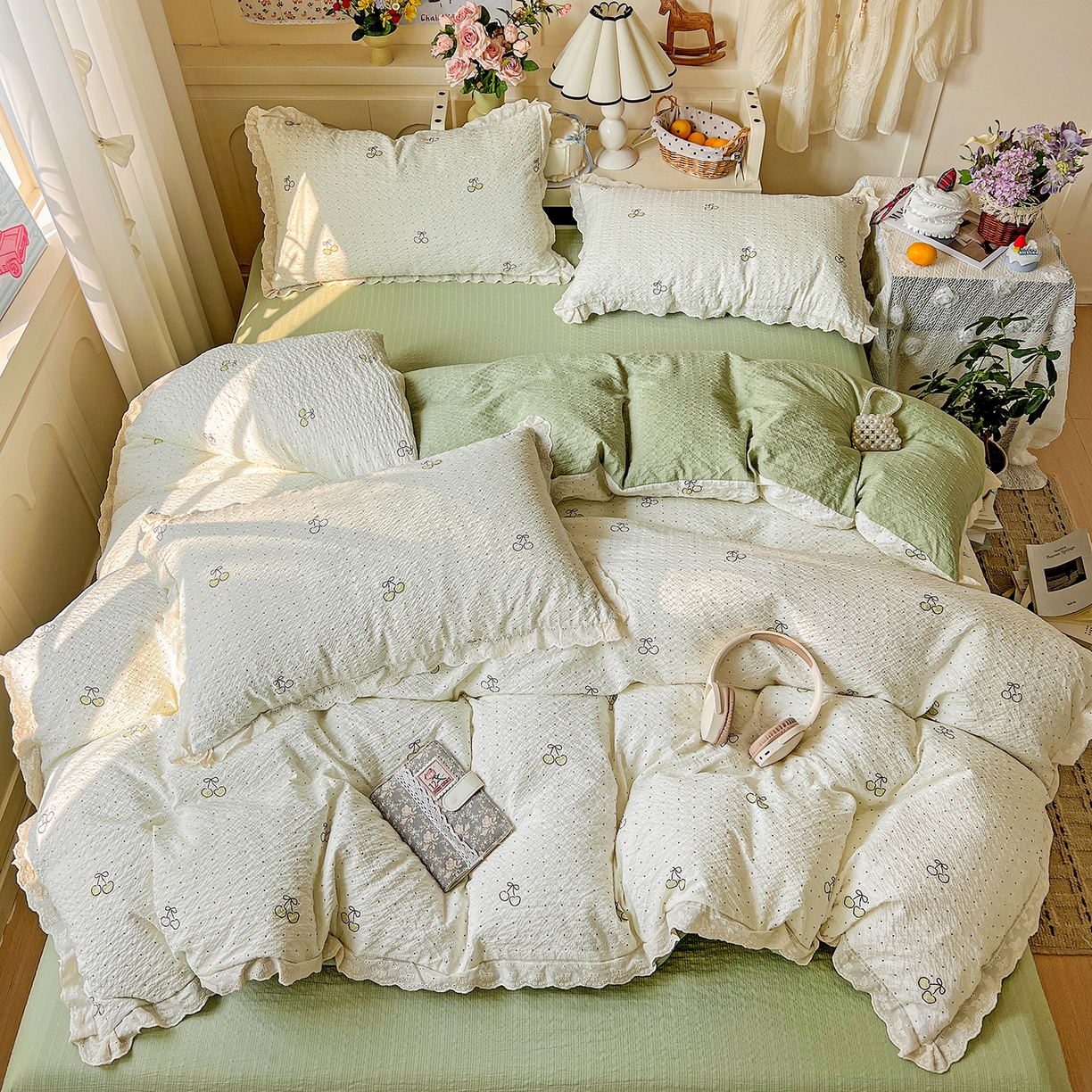 91家纺网 家纺一手货源 找家纺 瑞禾家纺 2026新款泡芙纱花边四件套 青梅酱