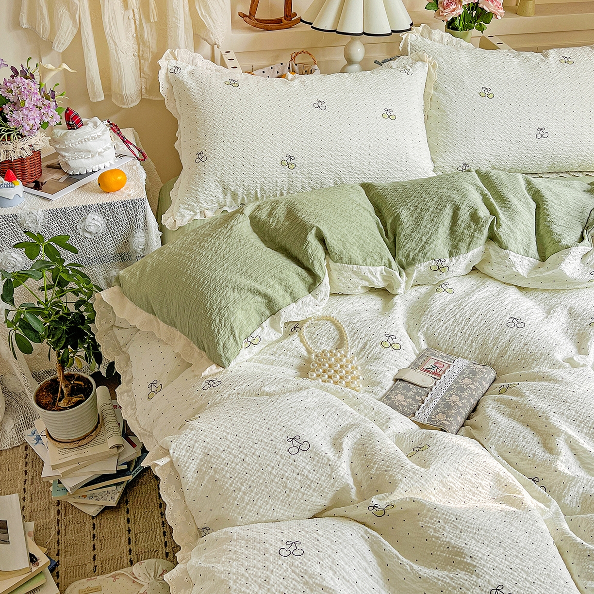 91家纺网 家纺一手货源 找家纺 瑞禾家纺 2026新款泡芙纱花边四件套 青梅酱