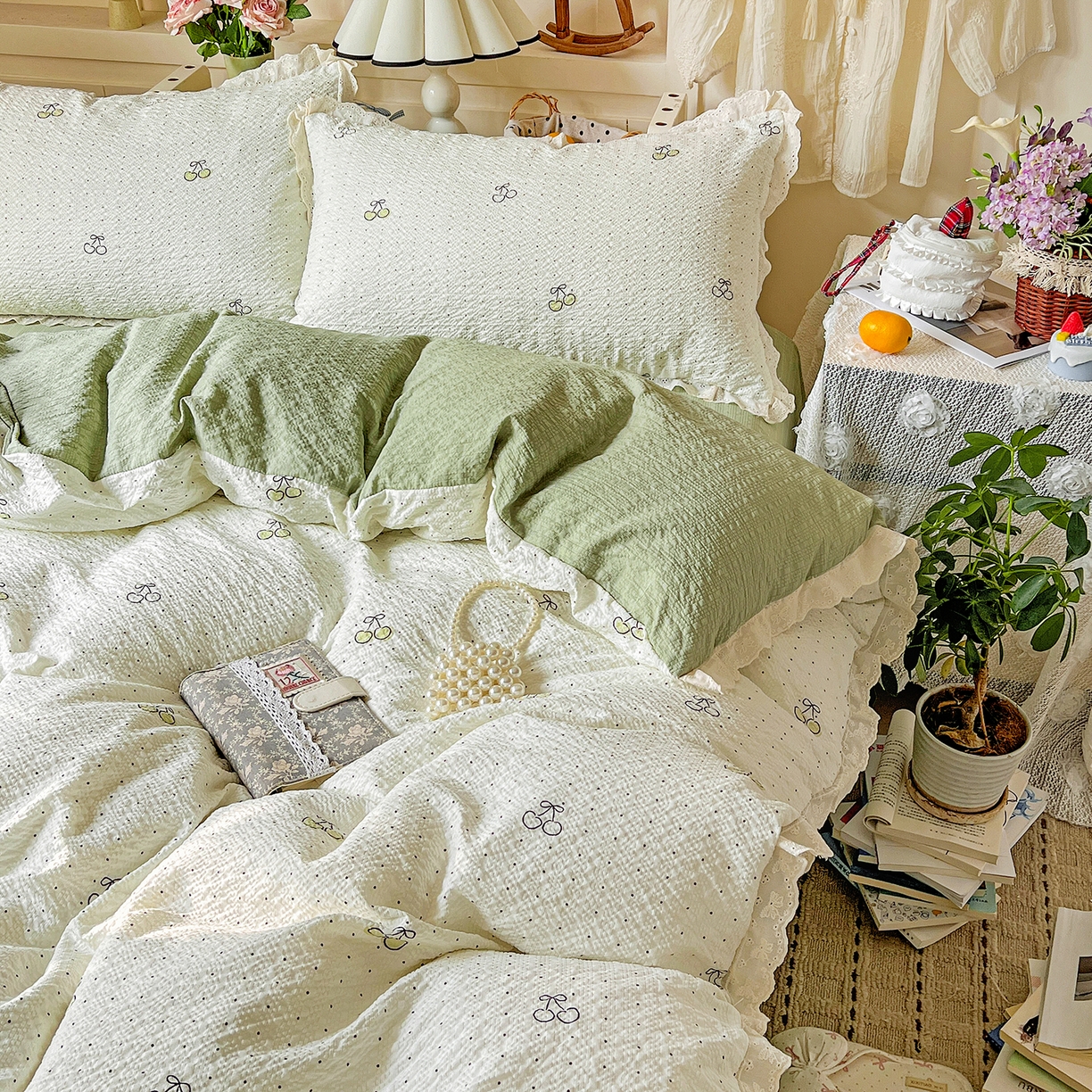 91家纺网 家纺一手货源 找家纺 瑞禾家纺 2026新款泡芙纱花边四件套 青梅酱