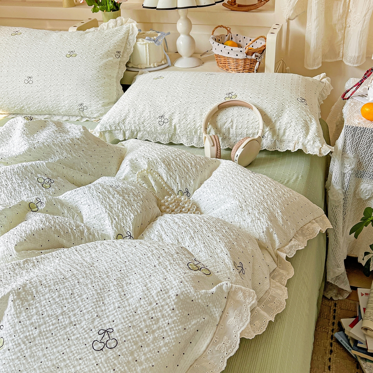 91家纺网 家纺一手货源 找家纺 瑞禾家纺 2026新款泡芙纱花边四件套 青梅酱