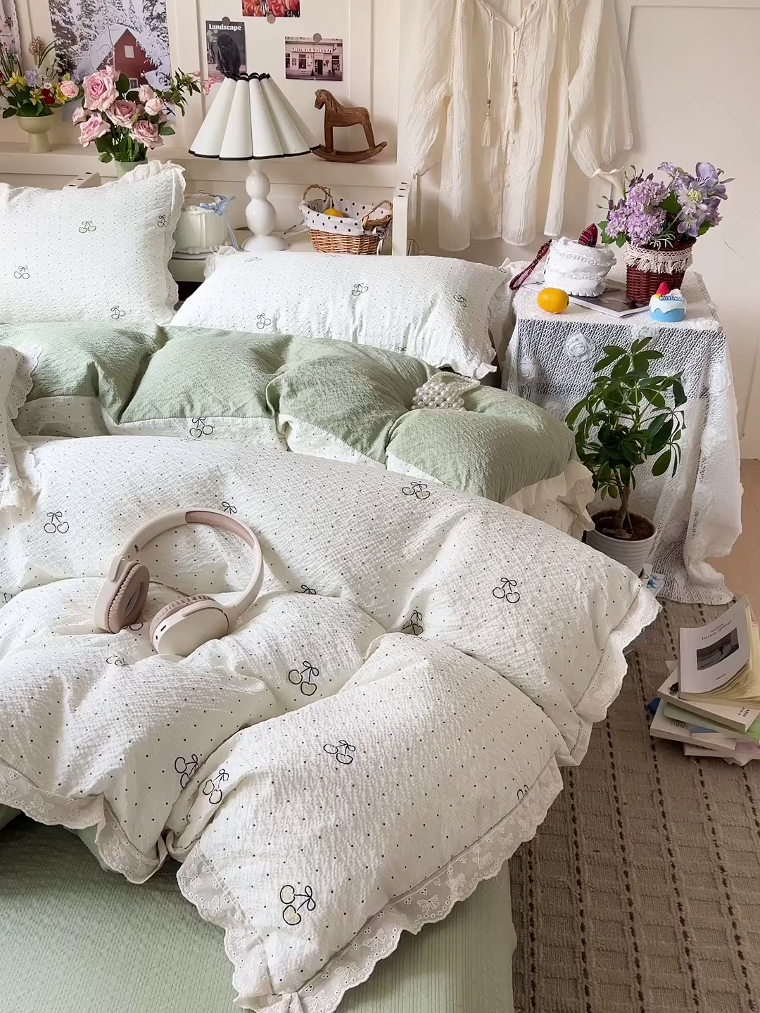 91家纺网 家纺一手货源 找家纺 瑞禾家纺 2026新款泡芙纱花边四件套 青梅酱