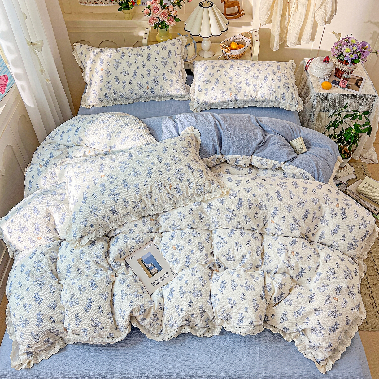 91家纺网 家纺一手货源 找家纺 瑞禾家纺 2026新款泡芙纱花边四件套 清雅