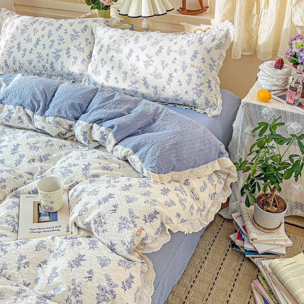 91家纺网 家纺一手货源 找家纺 瑞禾家纺 2026新款泡芙纱花边四件套 清雅