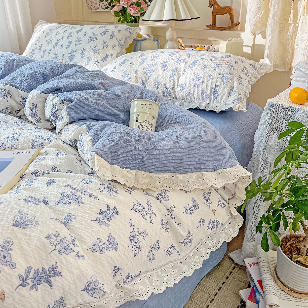 91家纺网 家纺一手货源 找家纺 瑞禾家纺 2026新款泡芙纱花边四件套 清雅