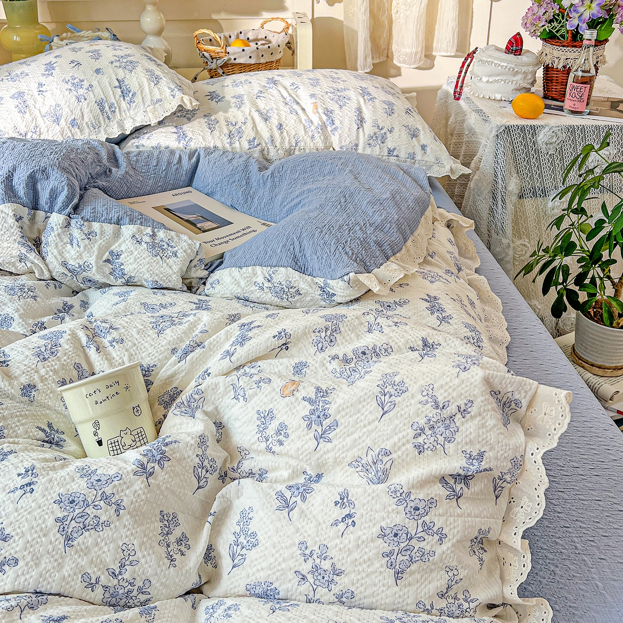 91家纺网 家纺一手货源 找家纺 瑞禾家纺 2026新款泡芙纱花边四件套 清雅