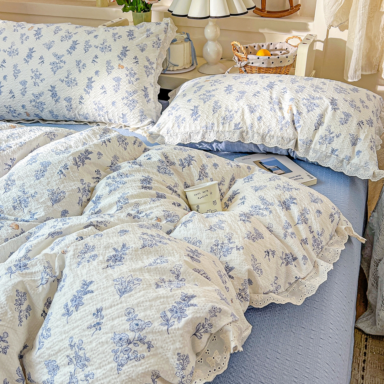 91家纺网 家纺一手货源 找家纺 瑞禾家纺 2026新款泡芙纱花边四件套 清雅