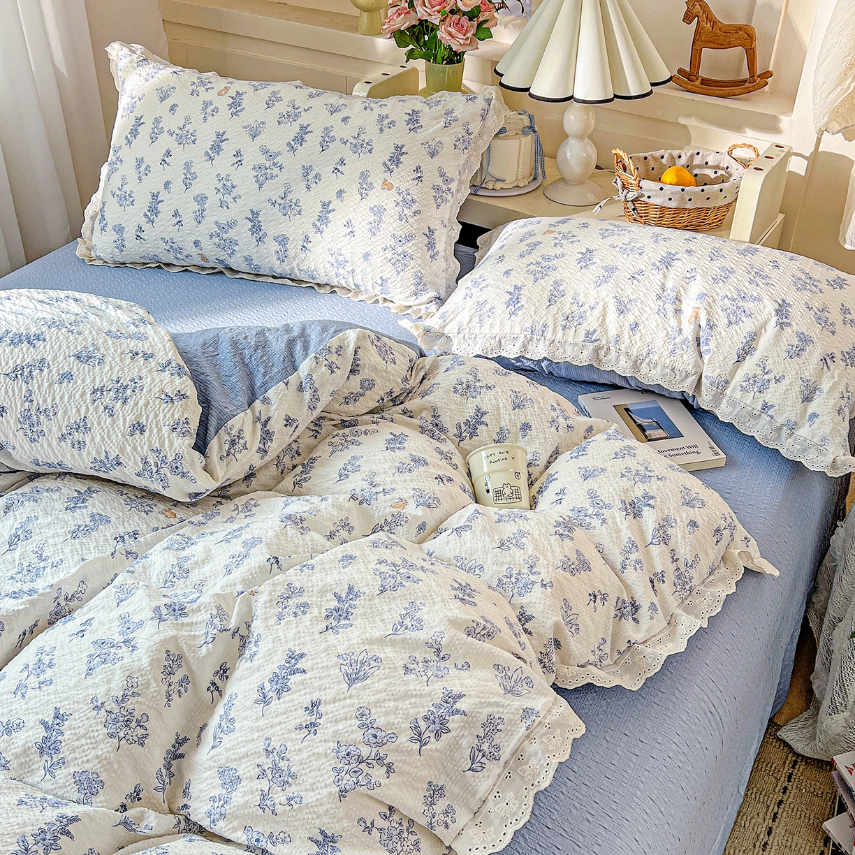 91家纺网 家纺一手货源 找家纺 瑞禾家纺 2026新款泡芙纱花边四件套 清雅