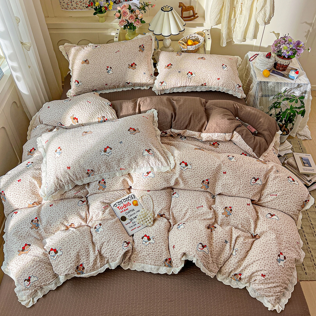 91家纺网 家纺一手货源 找家纺 瑞禾家纺 2026新款泡芙纱花边四件套 小欢喜