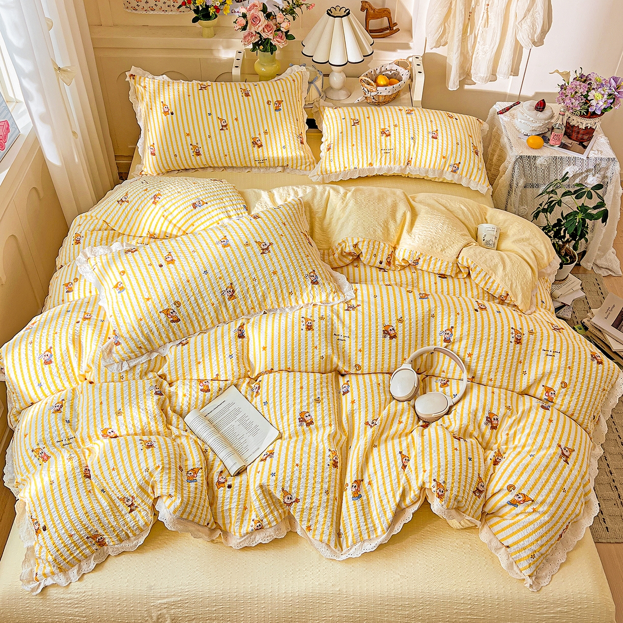 91家纺网 家纺一手货源 找家纺 瑞禾家纺 2026新款泡芙纱花边四件套 小黄人