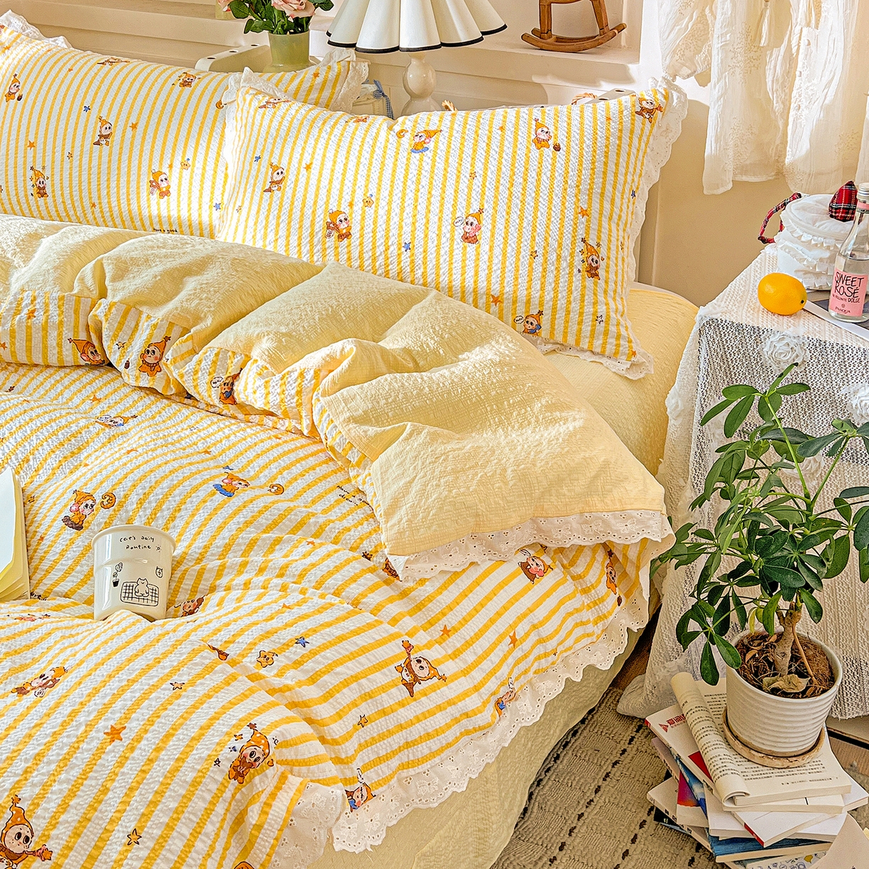 91家纺网 家纺一手货源 找家纺 瑞禾家纺 2026新款泡芙纱花边四件套 小黄人