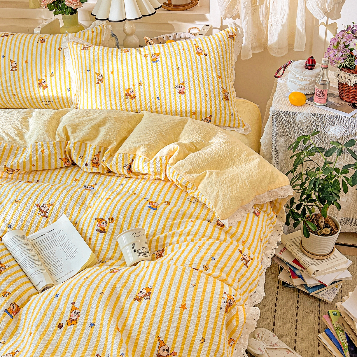 91家纺网 家纺一手货源 找家纺 瑞禾家纺 2026新款泡芙纱花边四件套 小黄人