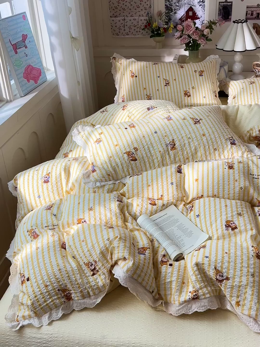 91家纺网 家纺一手货源 找家纺 瑞禾家纺 2026新款泡芙纱花边四件套 小黄人