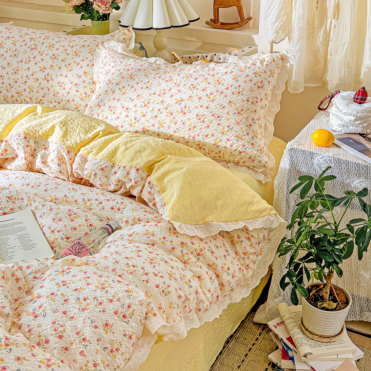 91家纺网 家纺一手货源 找家纺 瑞禾家纺 2026新款泡芙纱花边四件套 心愿